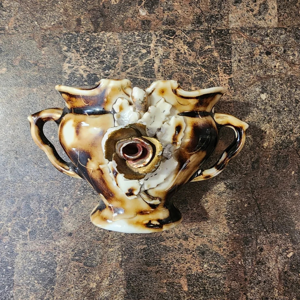 Vintage miniature two handled vase with raised rose, small porcelain vase